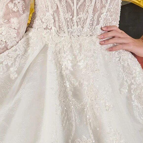 New Off The Shoulder Mesh Wedding Gown w/Floral Lace & Sheer Voned Bodice GL3824 - Picture 7 of 15